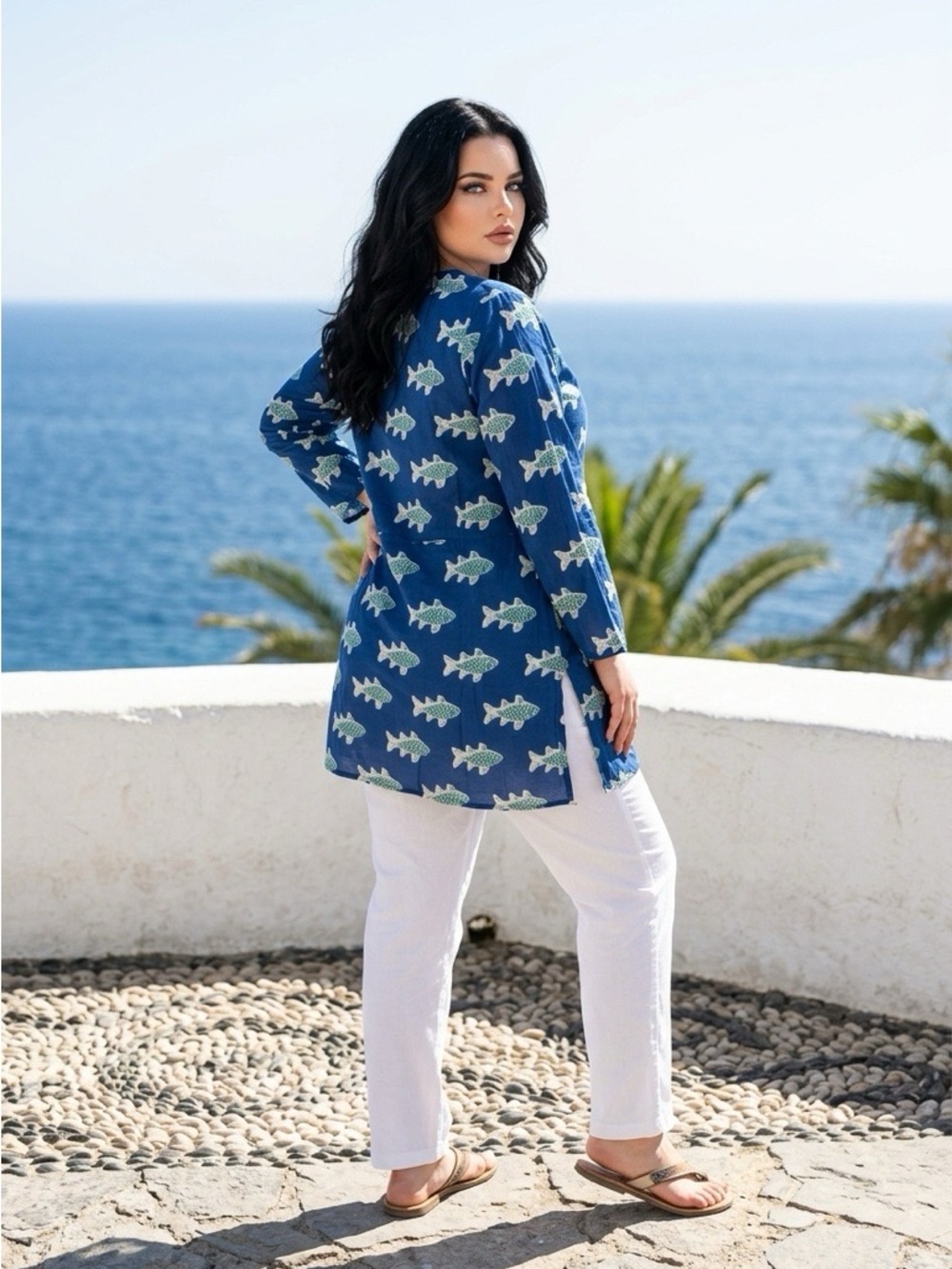 Navy Fish-Print Swim Coverup Tunic - Women's Long Sleeve